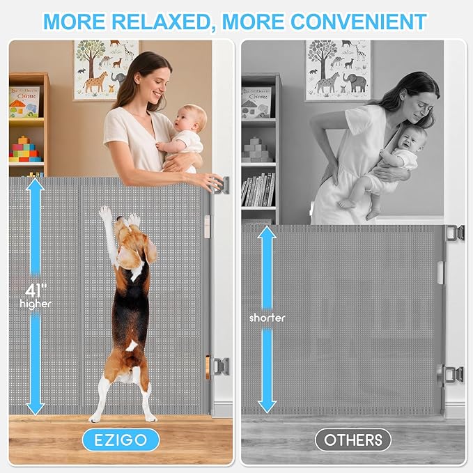 196 Inch Retractable Baby Gates Extra Wide, 41 Inch Reinforced Extra Tall Gate for Large Openings, Mesh Safety Gate for Kids Pets, Retractable Dog Gate for Pool Garages Doorway Indoor Outdoor, Gray