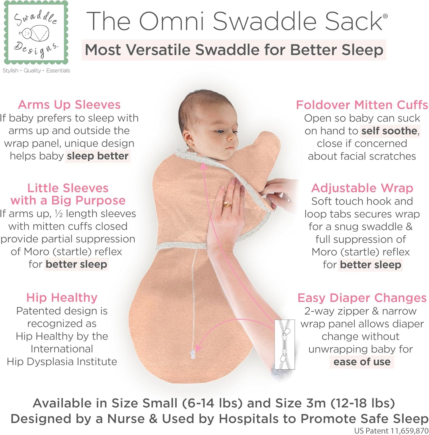 SwaddleDesigns 6-Way Omni Swaddle Sack Arms Up Swaddle for Newborn, More Options to Calm Startle Reflex, Improves Sleep