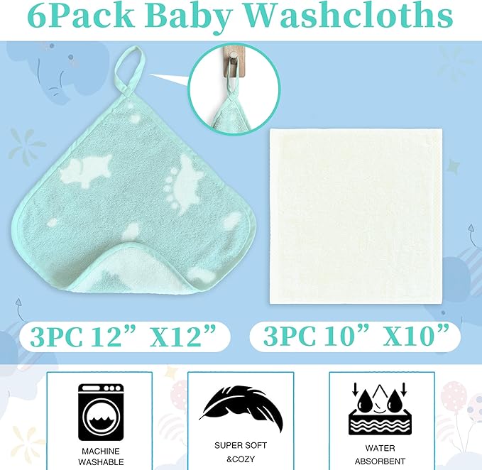 VOOVA & MOVAS 6 Pack 100% Cotton Baby Washcloths | 12x12 Inches | Highly Absorbent | Ultra-Soft Newborn Towels | Perfect Set,Baby Essentials |Dino & Ivory Colors