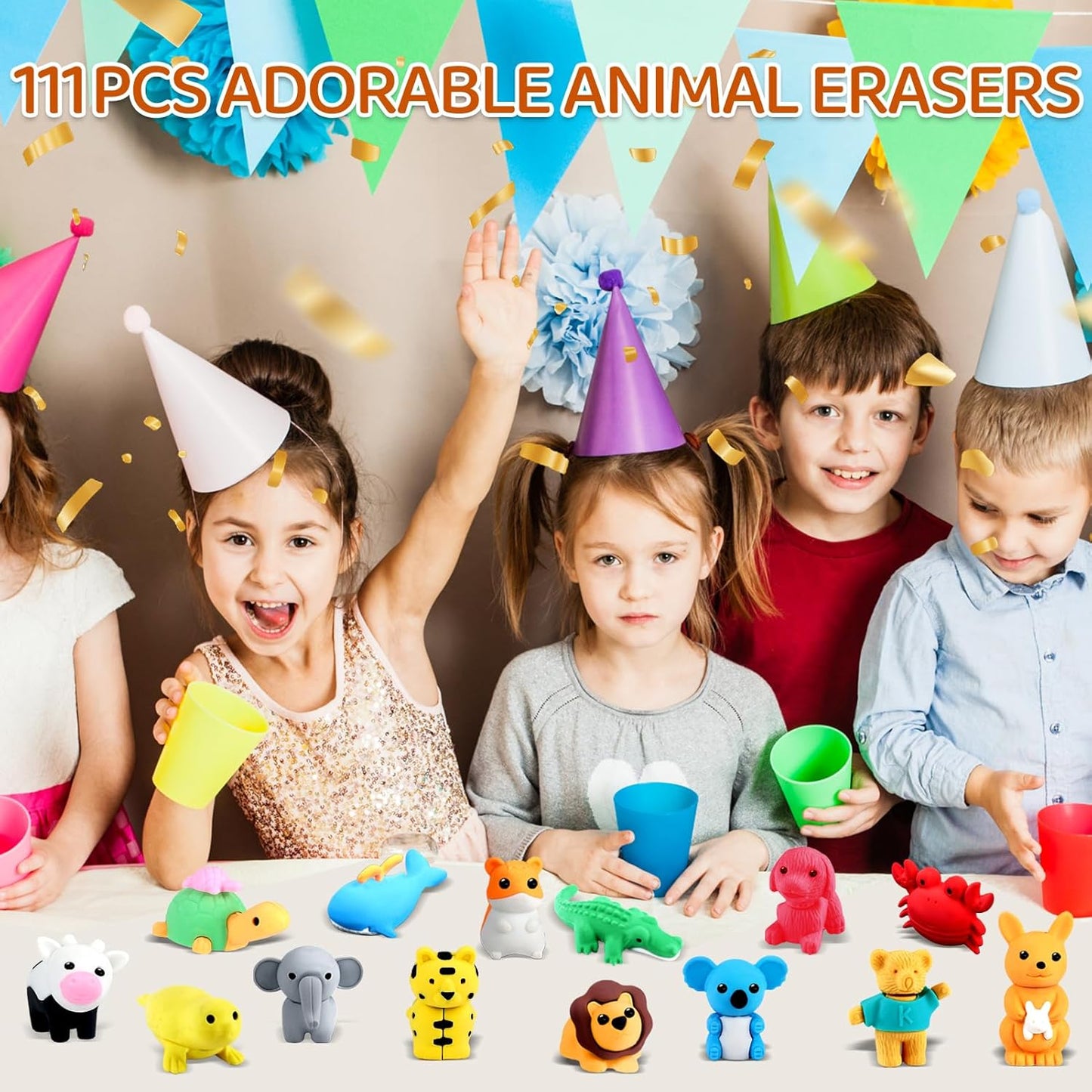 111Pcs Animal Erasers Desk Pets for Kids Animal Pencil Erasers Bulk Puzzle Eraser Toys Gifts for Classroom Prizes,Game Reward,Treasure Box,Easter Egg Fillers,Goodie Bag Stuffer,Party Favors