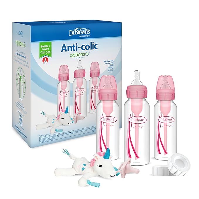 Dr. Brown’s Natural Flow Anti-Colic Options+Narrow 8oz/250mL Baby Bottle + Lovey Gift Set with Level 1 Slow Flow Nipples, Pink