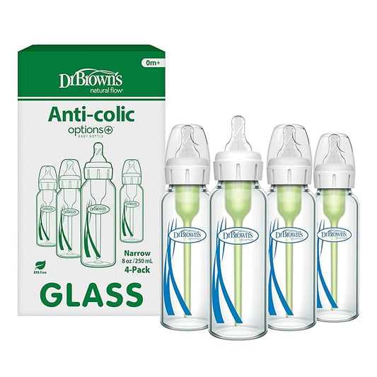 Dr. Brown's Anti-Colic Options+ Narrow Glass Baby Bottle with Level 1 Slow Flow Nipple, BPA-Free, 8 oz/250 mL, 4-Pack