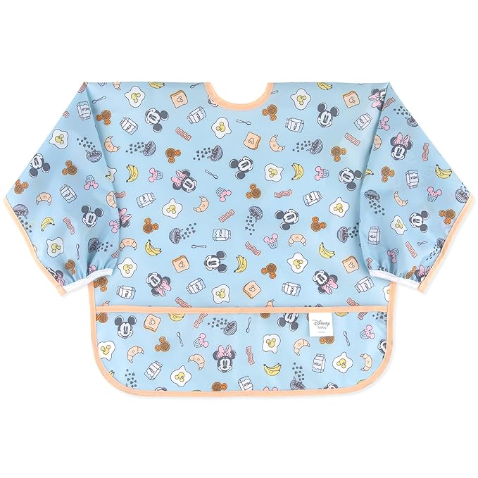 Bumkins Disney Sleeved Bib for Girl or Boy, Baby and Toddler for 6-24 Mos, Essential Must Have for Eating, Feeding, Baby Led Weaning Supplies, Long Sleeve Mess Saving Food Catcher, Mickey and Minnie