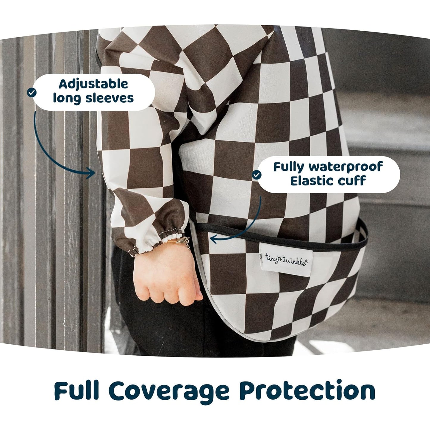 Tiny Twinkle Mess Proof Baby Bib,Waterproof Smock Baby Bib for Eating,Machine Washable Long Sleeve Bib,Baby Led Weaning,Toddler Bib,BLW Supplies(Checkers Black, Small 6-24 Months)