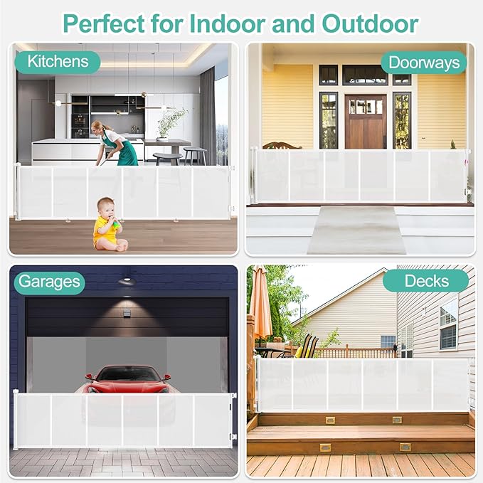 Upgrade 150 inch Retractable Baby Gates, EZIGO Extra Wide Baby Gate for Large Opening Extra Long Mesh Gate for Kids or Pet Dog Gate Child Safety Gate for Stairs Hallways Doorway Indoor Outdoor, White