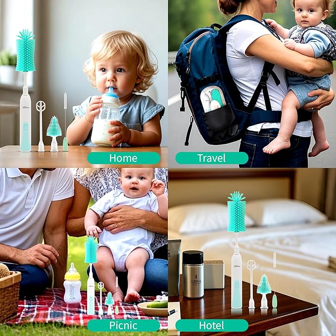 Electric Bottle Brush Cleaner New Upgrade, Portable Electric Baby Bottle Brush Cleaner for Travel, Travel Bottle Cleaner Kit with Nipple & Straw Brush, Perfect Mom Essentials After Birth Gift, Green