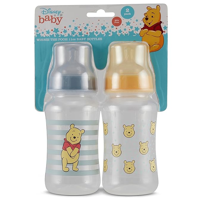 Disney Winnie The Pooh Baby Bottles 11 oz for Boys or Girls | 2 Pack of Infant Hourglass Shaped Bottles with Cover for Newborns and All Babies | BPA-Free Plastic Baby Bottle for Baby Shower