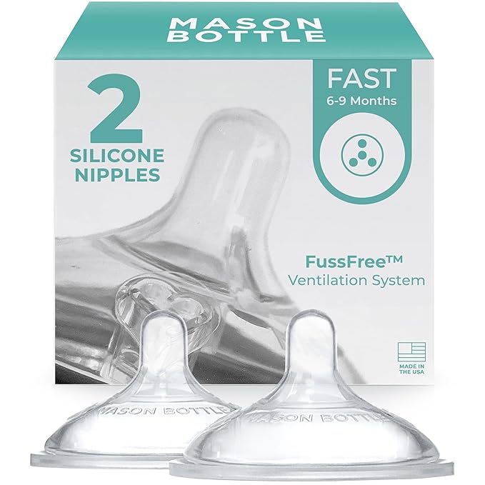Mason Bottle Fast Flow Nipples (6+ Months) – Silicone Baby Bottle Nipples, Fits Any Regular-Mouth Mason Jars – Wide Natural Shape, BPA-Free, Non-Toxic, Made in USA (2-Pack)
