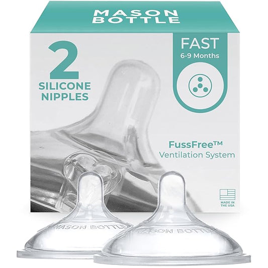 Mason Bottle Fast Flow Nipples (6+ Months) – Silicone Baby Bottle Nipples, Fits Any Regular-Mouth Mason Jars – Wide Natural Shape, BPA-Free, Non-Toxic, Made in USA (2-Pack)