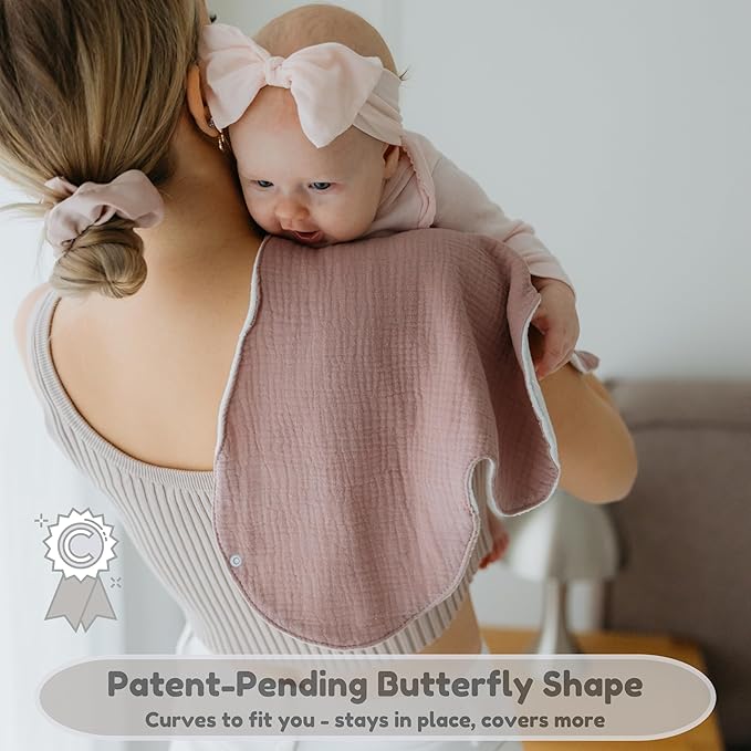 Butterfly Cotton Muslin Burp Cloths 3-Layer, Extra-Large 26”x12” Water-Resistant Multi-Use Burp Cloth Convertible to Bib, 2 Pack, Soft & Absorbent (Pack of 2, Clay & Terra/Rose & Mist)