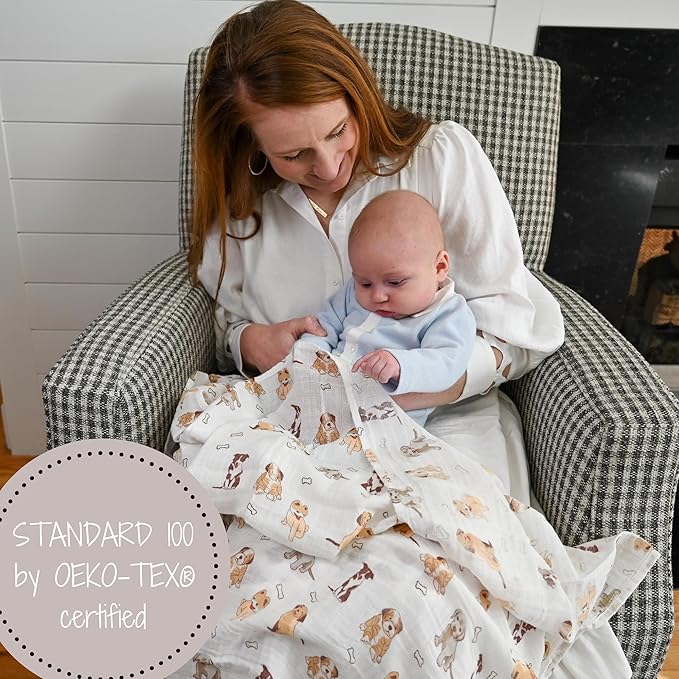 LollyBanks Baby Blanket, 100% Cotton Muslin Swaddle Blankets for Boys and Girls, Large 47 x 47 Inches Infant Receiving Blankets, Soft and Breathable Newborn Blanket, Registry (Puppies Print)