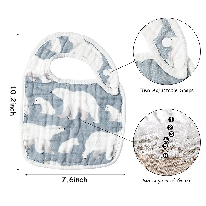 Zainpe 6Pcs Muslin Cotton Baby Bibs Snowflake Polar Bear Pattern Burp Cloths, Adjustable Bib with 6 Absorbent Soft Layers for Unisex Infant Toddler Newborn Drooling Feeding Teething
