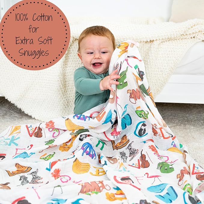 LollyBanks Swaddle Blanket - 100% Cotton Muslin, Neutral 47 x 47 Inches, Baby Blanket for Boys & Girls, Registry (Alphabet Print)