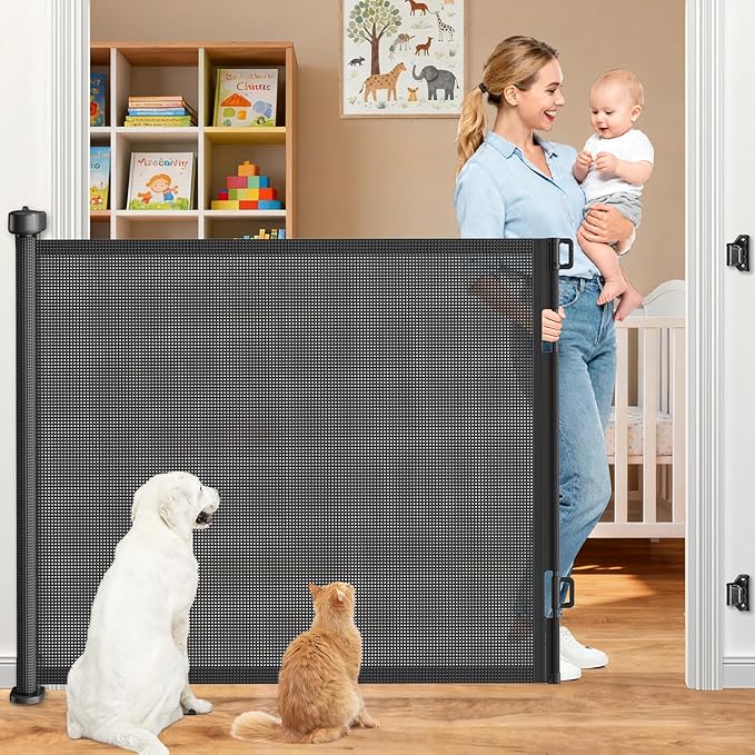 71 Inch Retractable Baby Gates Extra Wide, 41 Inch Reinforced Extra Tall Gate Mesh Safety Gate for Kids Pets, Retractable Dog Gate Baby Retractable Gate for Stair Hallway Doorway Indoor Outdoor, Black