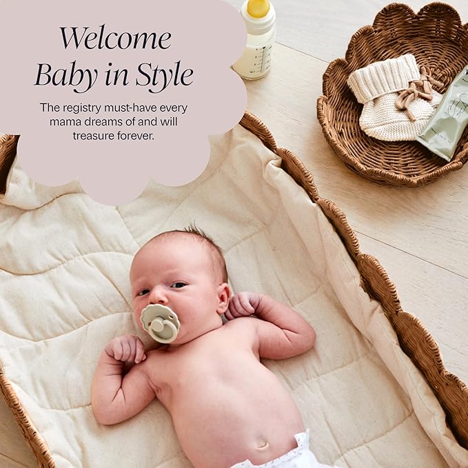 BEBE BASK Premium Baby Changing Basket - Artisan-Crafted Scalloped Rattan - Changing Basket for Baby Dresser - All Accessories Included - Complete Set for Nursery (Mocca)