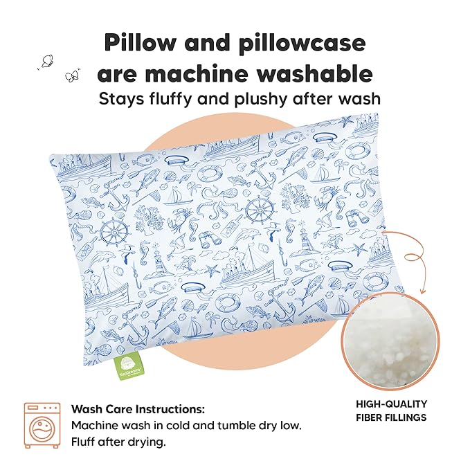 Toddler Pillow with Pillowcase - 13x18 My Little Dreamy Kids Travel Bed Pillows for Sleeping, Organic Cotton Small Pillowcase, Soft & Breathable, Machine Washable, Toddlers 2-5 Years Old (Nautical)