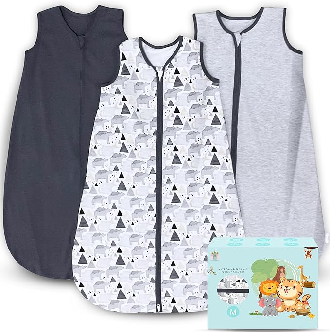 Cute Castle Baby Sleep Sack 6-12 Months - Lightweight 100% Cotton 2-Way Zipper TOG 0.5 Infant Wearable Blanket, Newborn Essentials Toddler Sleep Clothes, 3 Pack(Dark gray, Light gray, Bear)