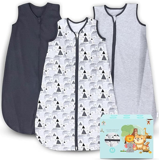Cute Castle Baby Sleep Sack 6-12 Months - Lightweight 100% Cotton 2-Way Zipper TOG 0.5 Infant Wearable Blanket, Newborn Essentials Toddler Sleep Clothes, 3 Pack(Dark gray, Light gray, Bear)