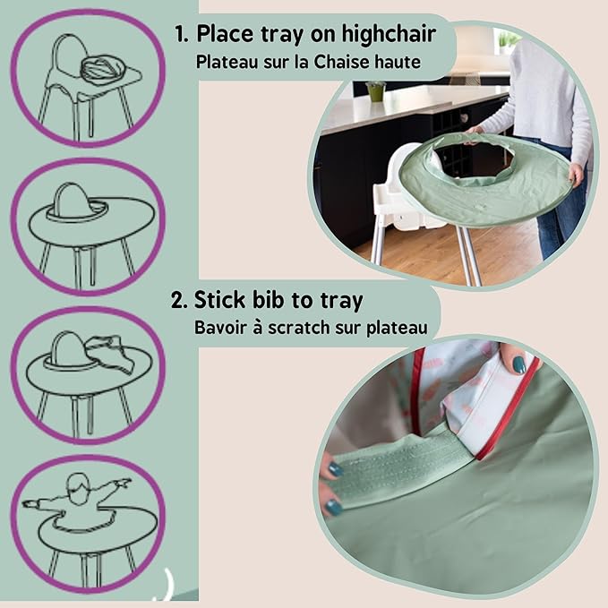 Tidy Tot- Baby Bib & Tray Kit - Mess Proof Long Sleeve Smock Attaches to Feeding Mat, Waterproof Bib - Fits Babies 6-24 Month