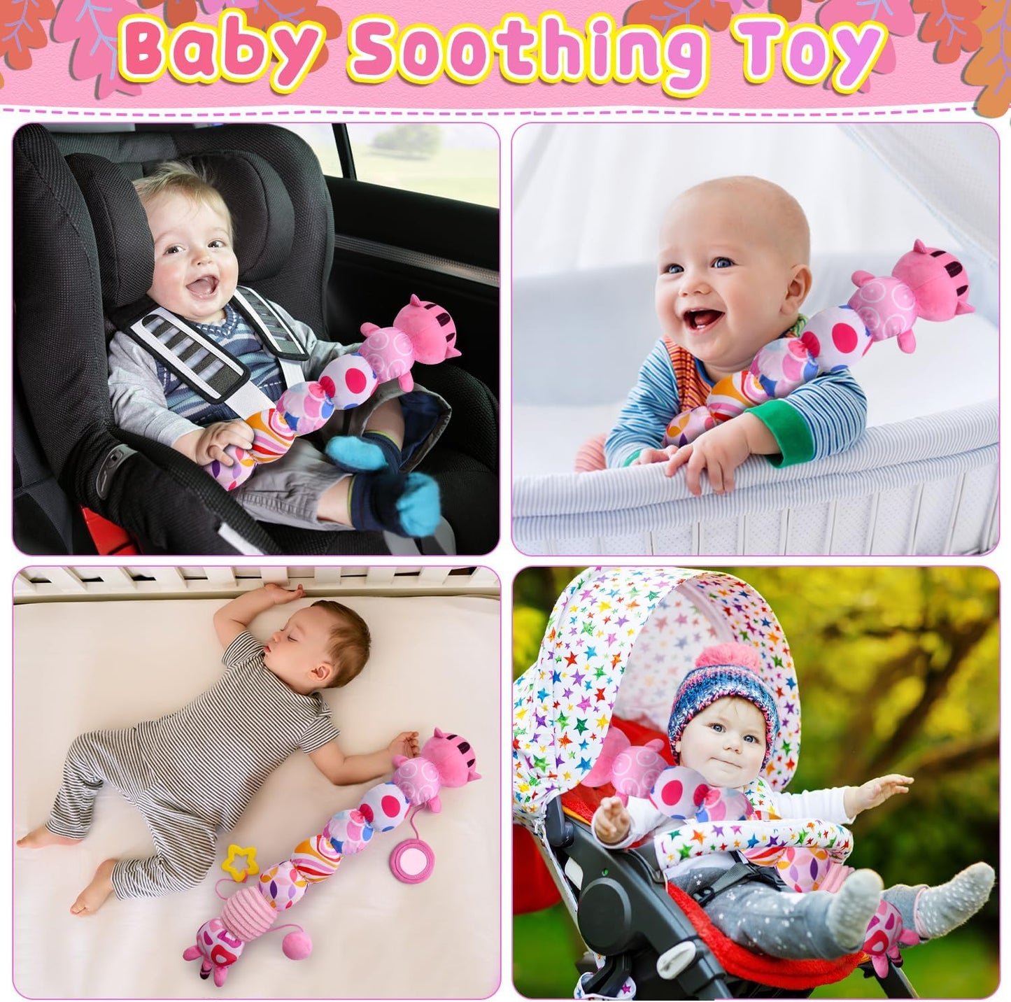 Baby Toys 0 to 12 Months, Stuffed Animal Infant Tummy Time Toys Sensory Toys with Crinkle Rattles Textures and Mirror Gifts for Newborn Boys Girls, Cat Caterpillar Musical Toys (Pink)