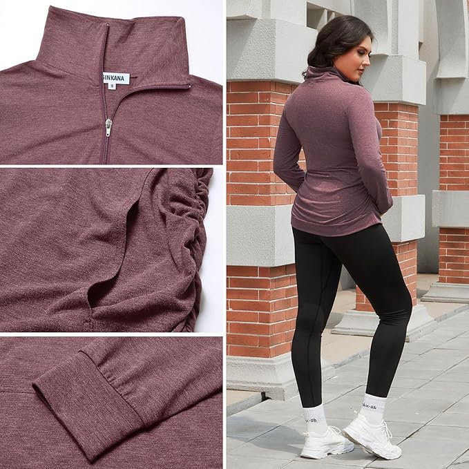 GINKANA Maternity Women's Long Sleeve Shirt Half Zipper Lapel Lightweight Casual Maternity Pullover with Pockets