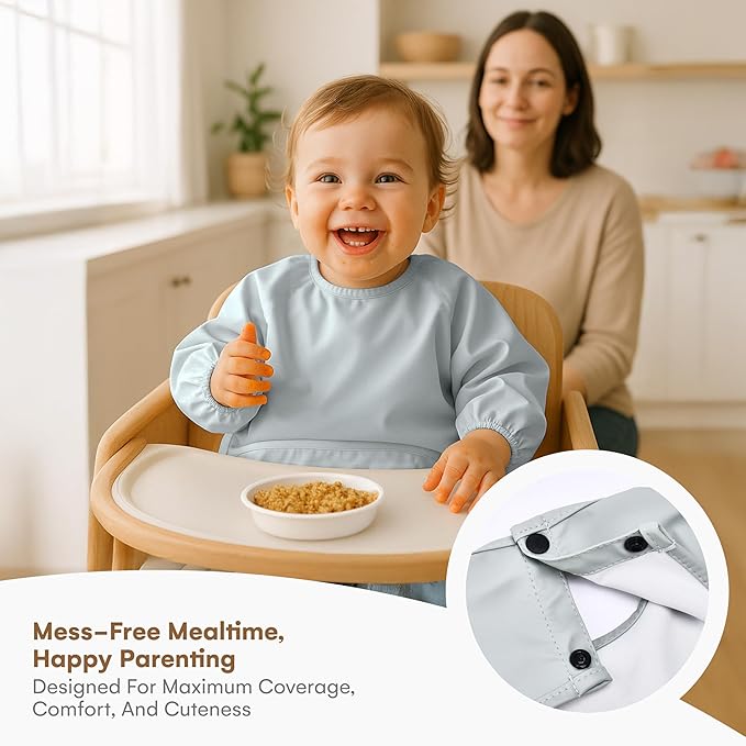 CHILDLIKE BEHAVIOR Baby Smock Bib - Waterproof Travel Buddy, Mess-Proof Feeding - Long Sleeves, Gentle Closure- Two-Layer