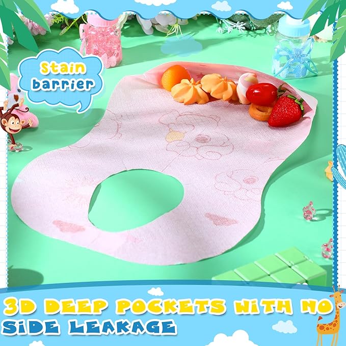 100/200 Pcs Disposable Baby Bibs Bulk Travel Feeding Bib Soft Food Catcher Pocket for Toddlers Girls Boys