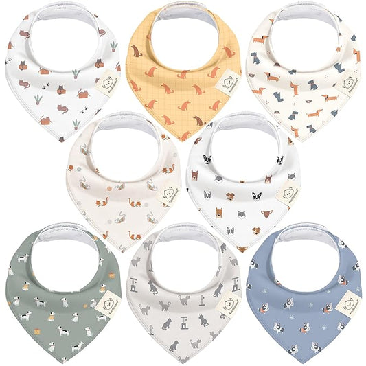 8-Pack Organic Baby Bandana Bibs for Boys, Girls - Super Absorbent Triangle Baby Bibs for Drooling and Teething Infant, Dog Bandanas, 100% Cotton Extra Soft, Newborn, Infant 0-36 Months (Pets & Paws)