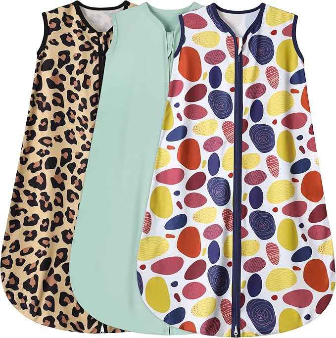 3 Pack Baby Sleep Sack 100% Rayon Cotton Baby Sleeping Bag 2-Way Zipper Toddler Wearable Blankets TOG 0.3. (Leopard&Cobble&Green, 0-6 Months)