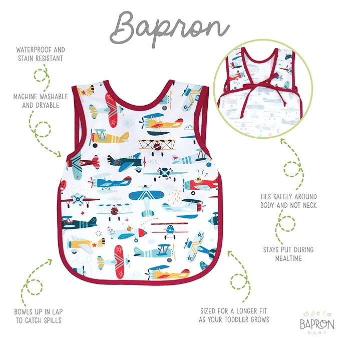 BapronBaby Retro Airplanes Bapron - No Neck Tie Safer Bib for Baby & Toddler - Soft Waterproof Stain Resistant - Machine Washable - Sz Baby/Toddler 6m-3T