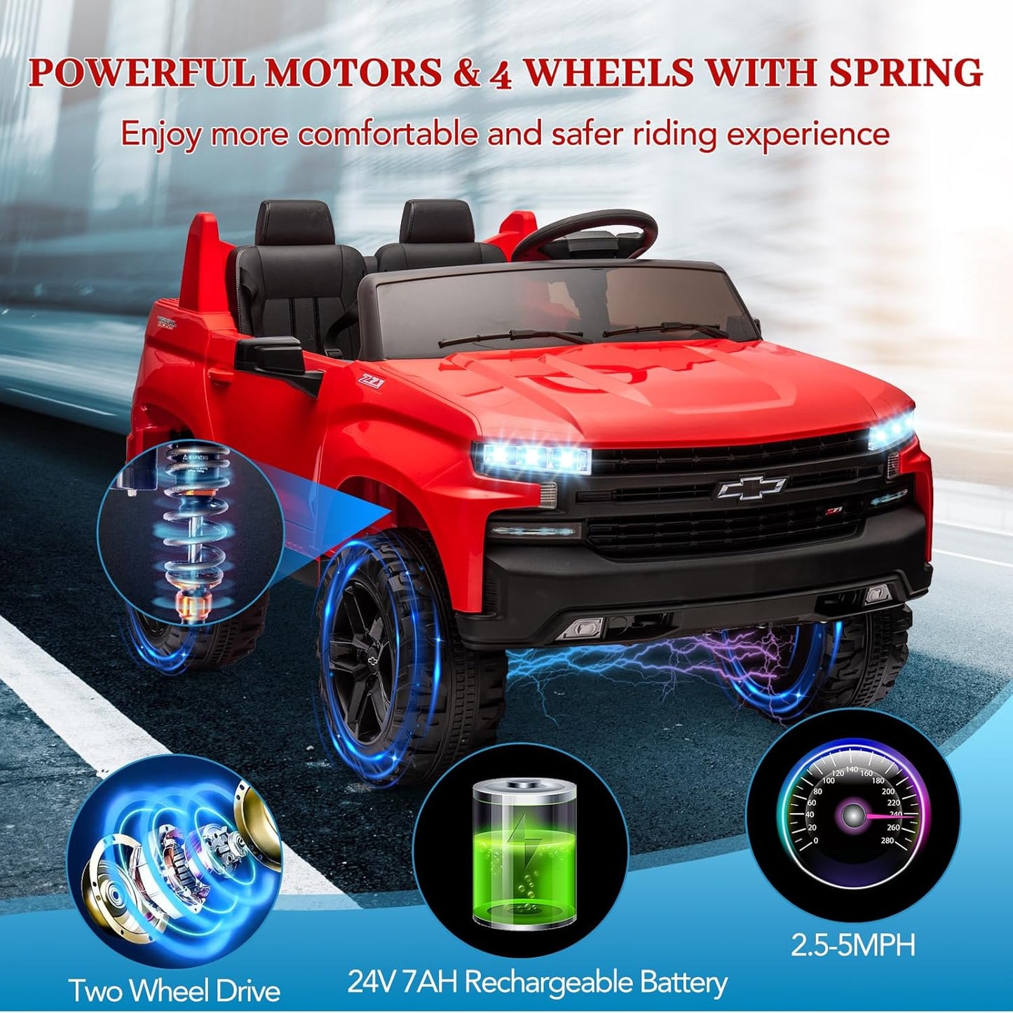 Hetoy 24V 2-Seater Truck Licensed Chevrolet Silverado Ride On Car Toy w/Parent Remote Control,4xSpring Suspension, 3 Speeds, Wireless Music, MP3 Player, Electric Vehicle Car for Kids, Red