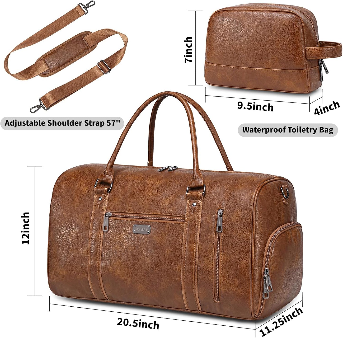 Large Leather Duffel Bag for Travel, Weekender Bag for Men or Women with Shoe Compartment, Waterproof Carry On Bag with Toiletry Bag, Travel Tote Bag with Luggage Strap (Brown)