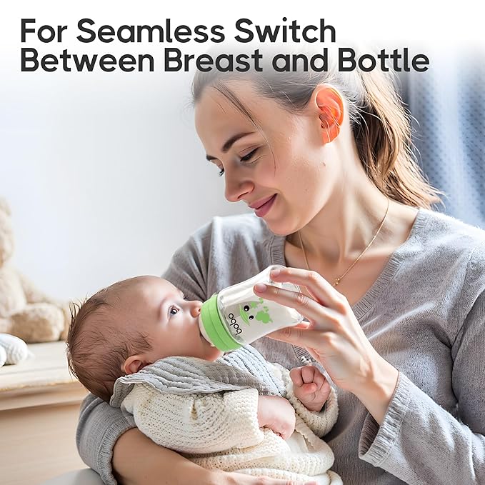 YOHKOH Glass Baby Bottles with Slow Flow Nipple, Newborn Anti-Colic Baby Bottles for 0+ Months, Wide Neck Feeding Bottle, Clear (Green, 5oz (Pack of 2))