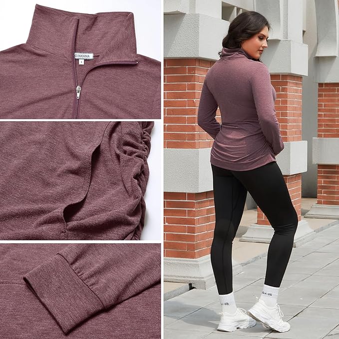 GINKANA Maternity Women's Long Sleeve Shirt Half Zipper Lapel Lightweight Casual Maternity Pullover with Pockets