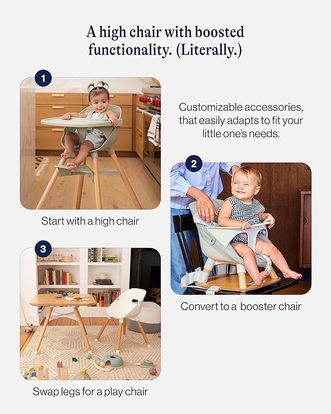 Lalo The 3-in-1 High Chair Kit - Convertible Wooden High Chair for Babies & Toddlers with Infant Support, Cushion, Booster Conversion Kit & Play Legs, Adjustable Footrest - Blueberry