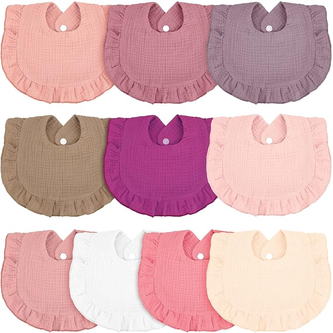 Seematn 10 Pcs Baby Muslin Bibs Drool Bibs Bandana Ruffle Soft Cotton for Newborn Baby Infants Girl Teething Toddlers Boy(Retro Colors)