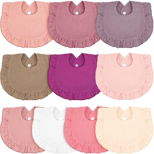 Seematn 10 Pcs Baby Muslin Bibs Drool Bibs Bandana Ruffle Soft Cotton for Newborn Baby Infants Girl Teething Toddlers Boy(Retro Colors)