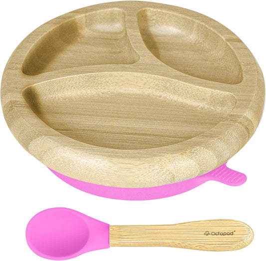 Abiie Octopod Bamboo Dish - Kids Plates for 4 months and up, 3-Compartment Baby Plates with Suction, Round Bamboo Baby Plate, Mess-Free Toddler Suction Plates, Baby Feeding Supplies, 7.5 x 7.5 x 1.9in