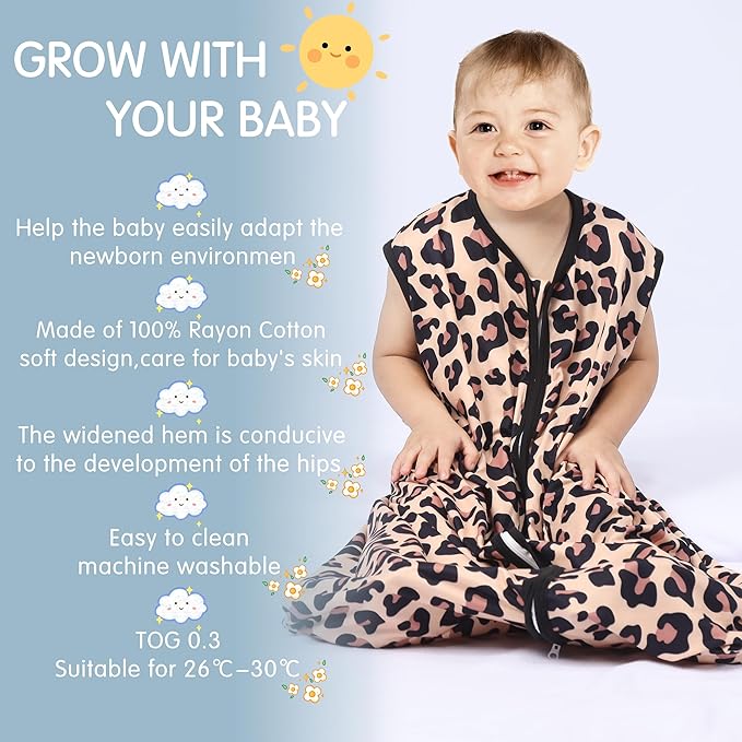 3 Pack Baby Sleep Sack 100% Rayon Cotton Baby Sleeping Bag 2-Way Zipper Toddler Wearable Blankets TOG 0.3. (Leopard&Cobble&Green, 0-6 Months)