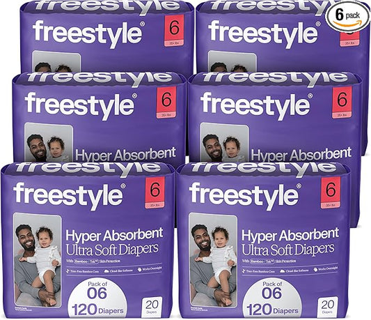 Freestyle BambooTek Diapers – (Size 6) Hyper Absorbent & Non-Toxic – Disposable Diapers for Sensitive Skin – Ultra Soft Diapers (35+ lbs) – 120 Count