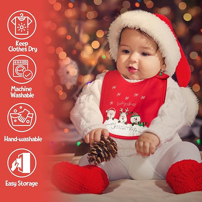 3Pcs Christmas Baby Cotton Bibs with Resin Button Newborn Infant Bibs Christmas Keepsake Baby Gift for Drooling Feeding