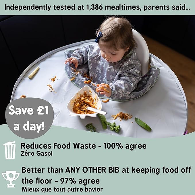 Tidy Tot- Baby Bib & Tray Kit - Mess Proof Long Sleeve Smock Attaches to Feeding Mat, Waterproof Bib - Fits Babies 6-24 Month