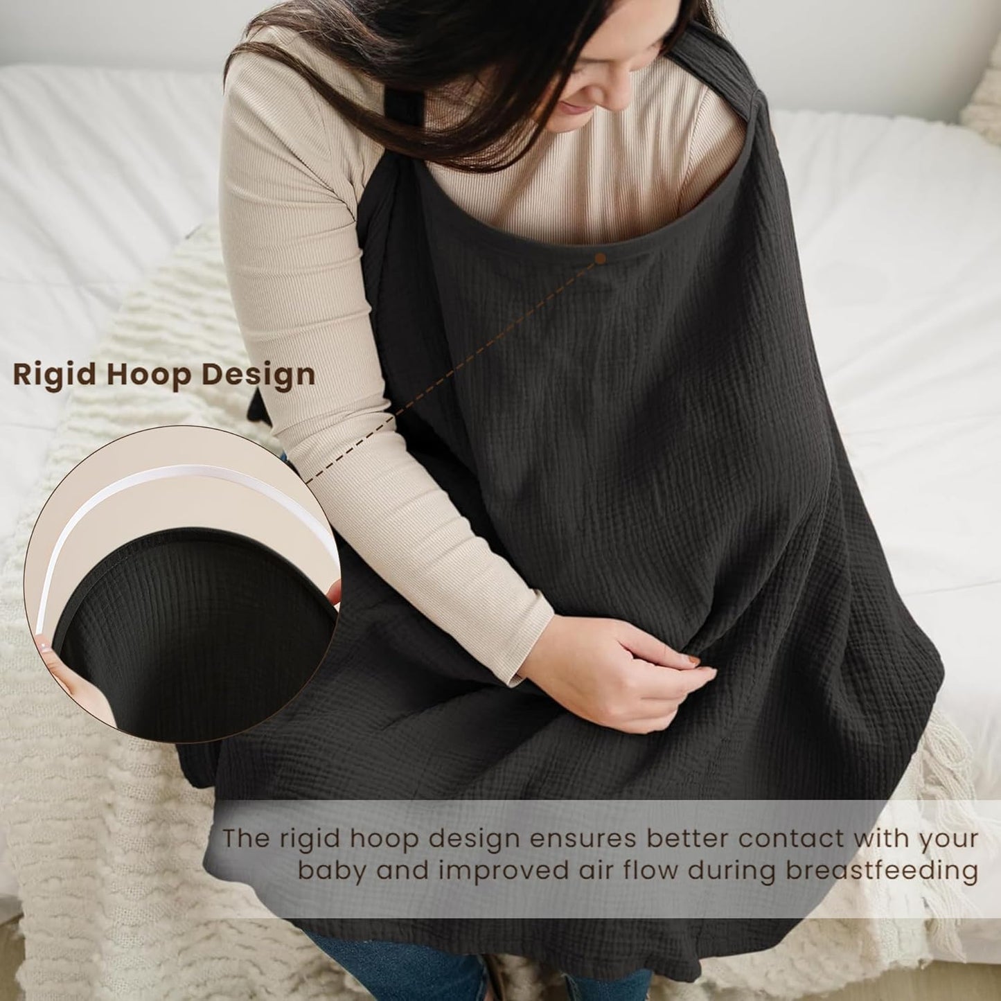 Konssy Muslin Nursing Cover for Baby Breastfeeding, Breathable 100% Cotton Breastfeeding Cover with Rigid Hoop for Mother Nursing Apron, Multi-use Carseat Canopy Canopy (Black)