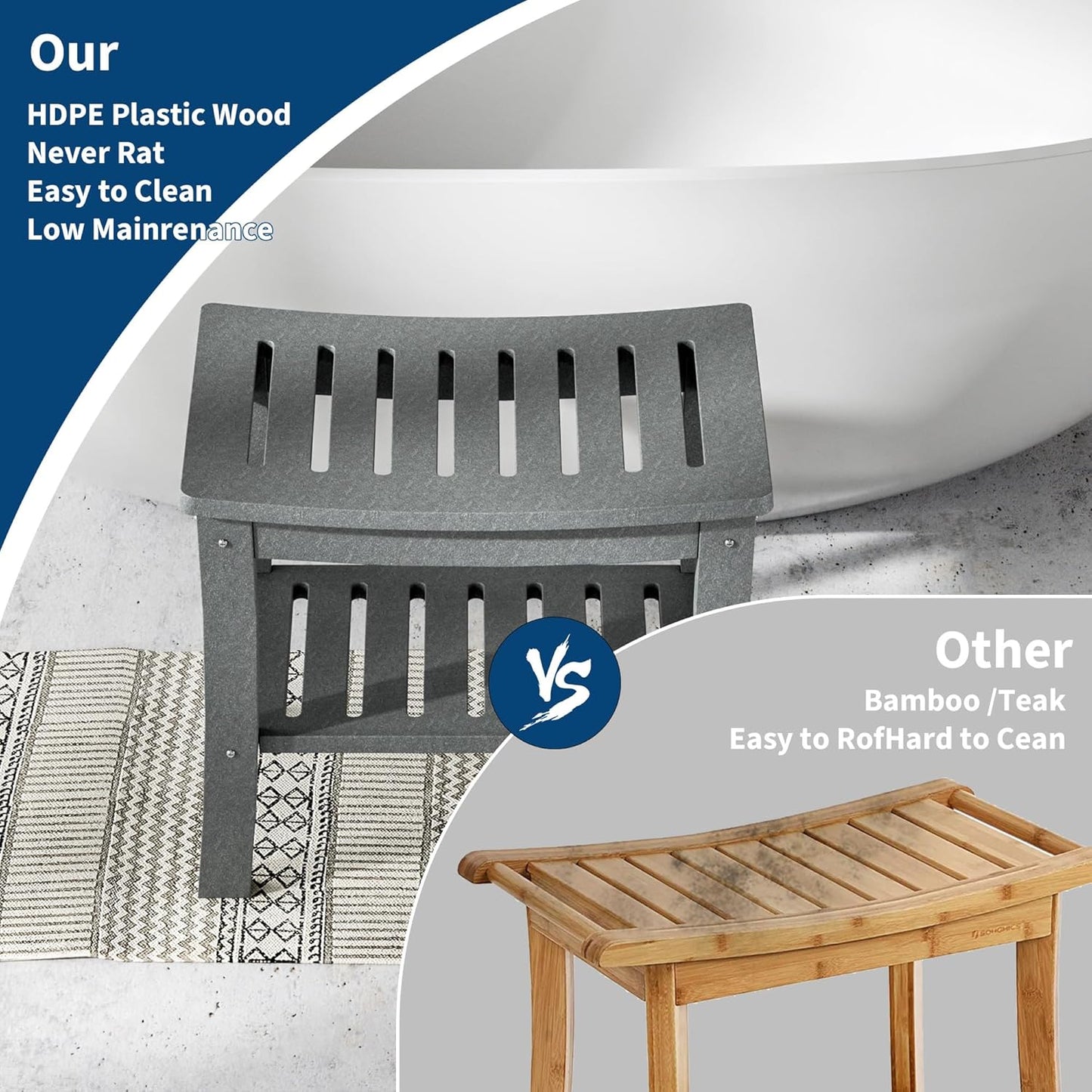 HDPE Shower Bench with Storage Shelf,Waterproof Shower Seat Stool Chair for Bathroom Bathtub,Non-Slip Spa Stool,Indoor Outdoor Use,Space-Saving,No Maintenance