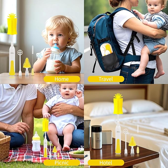Electric Bottle Brush Cleaner New Upgrade, Portable Electric Baby Bottle Brush Cleaner for Travel, Travel Bottle Cleaner Kit with Nipple & Straw Brush, Perfect Mom Essentials After Birth Gift, Yellow