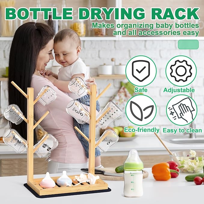 Baby Bottle Drying Rack, Vertical Bamboo Bottle Dryer Holder with Water Absorbent Pad, Space Saving Baby Bottle Organizer for Baby Bottles, Pump Part & Accessories(Natural, 12 Bottles)