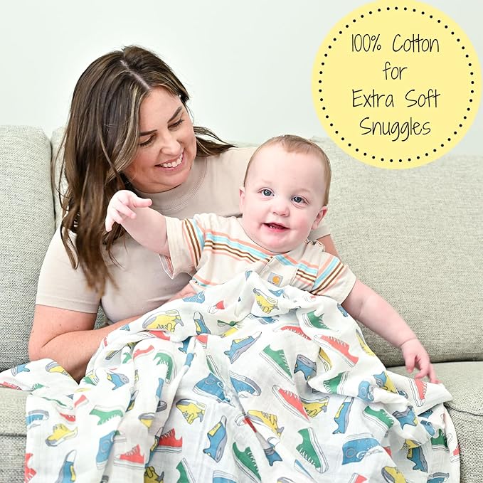 LollyBanks Swaddle Blanket, 100% Cotton Muslin Swaddle Blankets, Neutral Swaddle Blanket 47 x 47 Inches, Baby Blanket for Boys and Girls, Baby Essentials, Registry (Sneakers Print)