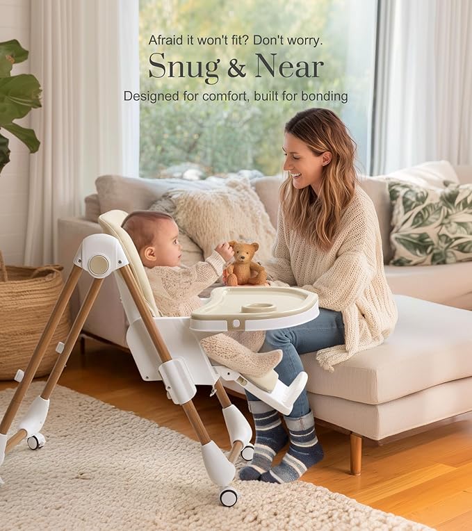 Mallify Foldable High Chairs for Babies and Toddlers, 3-in-1 Convertible Baby High Chair with Removable Soft Cushion and Tray, Adjustable Height & Recline, Lockable Wheels, Cream