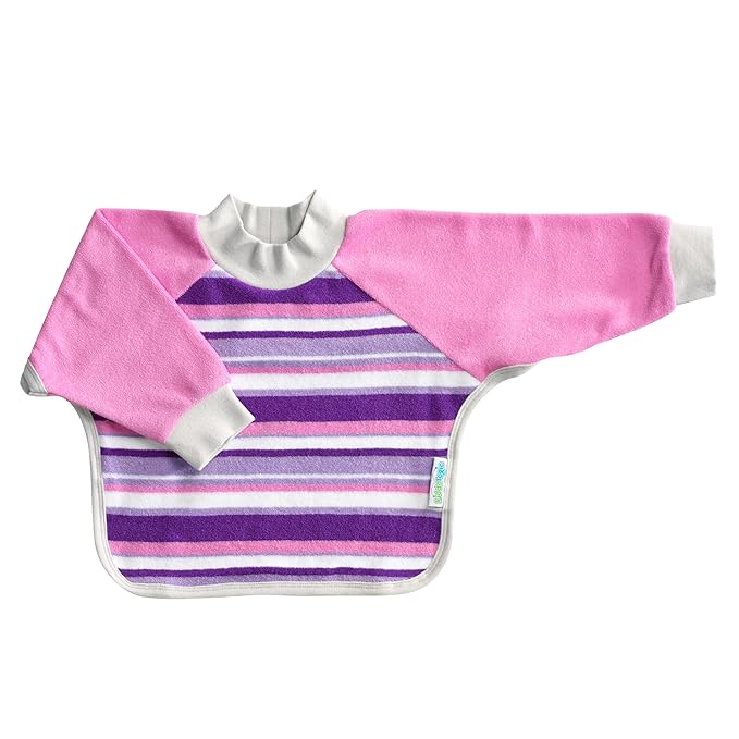 Kiddologic Bibit-all Baby Feeding Bib, Long Sleeves, Ribbed Cuffs, High Collar, Stretchy Pullover Smock, Soft Absorbent Terry, Waterproof Lining, Toddler Girl 12-36 Months, Wild Orchid (Pink) Stripe