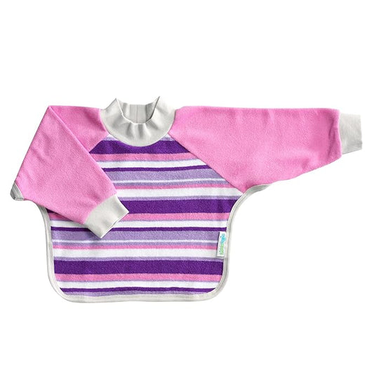 Kiddologic Bibit-all Baby Feeding Bib, Long Sleeves, Ribbed Cuffs, High Collar, Stretchy Pullover Smock, Soft Absorbent Terry, Waterproof Lining, Toddler Girl 12-36 Months, Wild Orchid (Pink) Stripe